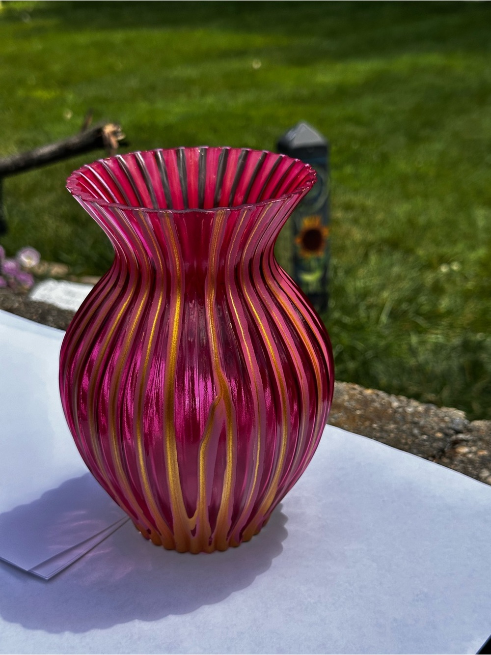 Hand crafted pink Glass Ribbed Vase with Gold Accents